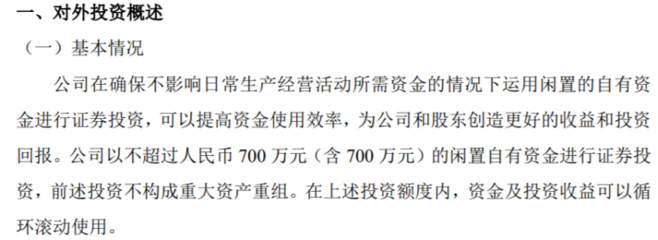 思為客利用閑置自有資金開展證券投資，額度不超700萬元