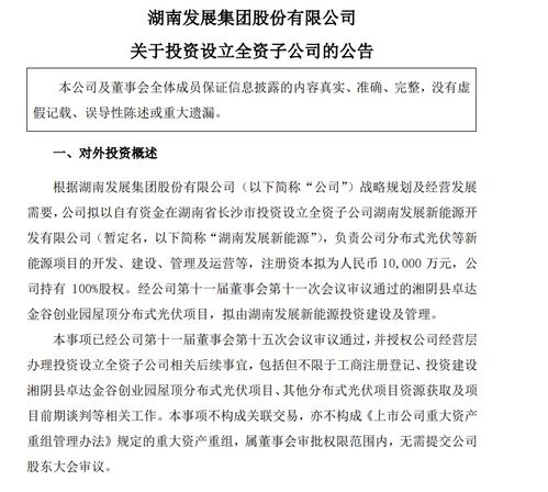 注冊資本1億元，湖南發展成立新能源公司，聚焦自有資金投資活動